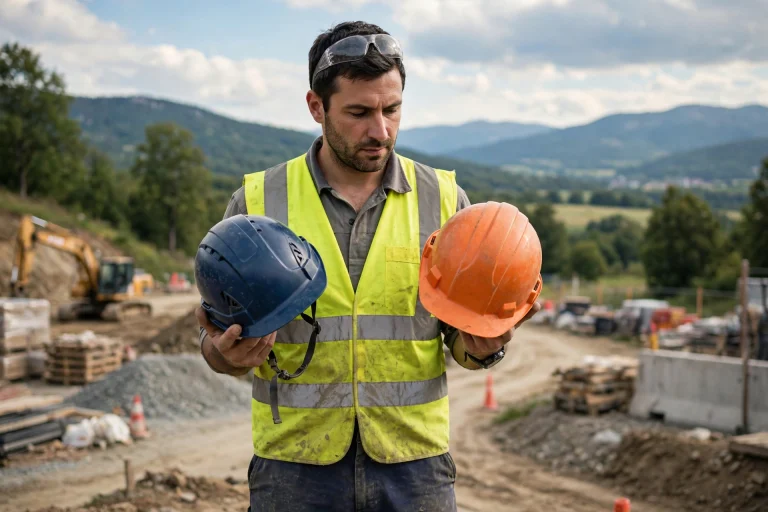 Construction worker choosing between a hard hat and a safety helmet on site