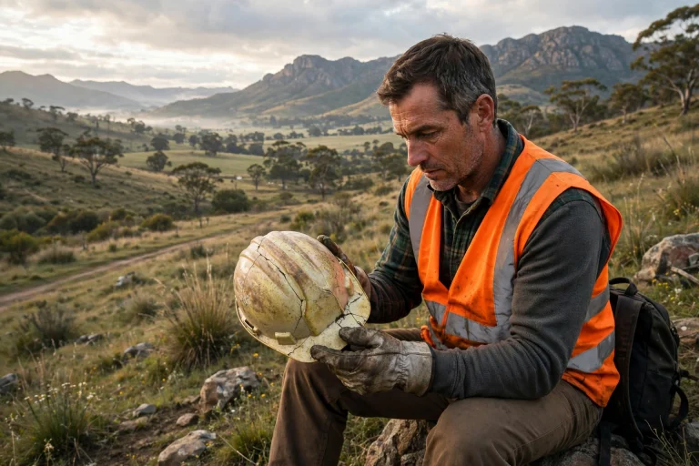 Worker checking an ageing hard hat for cracks and sun damage