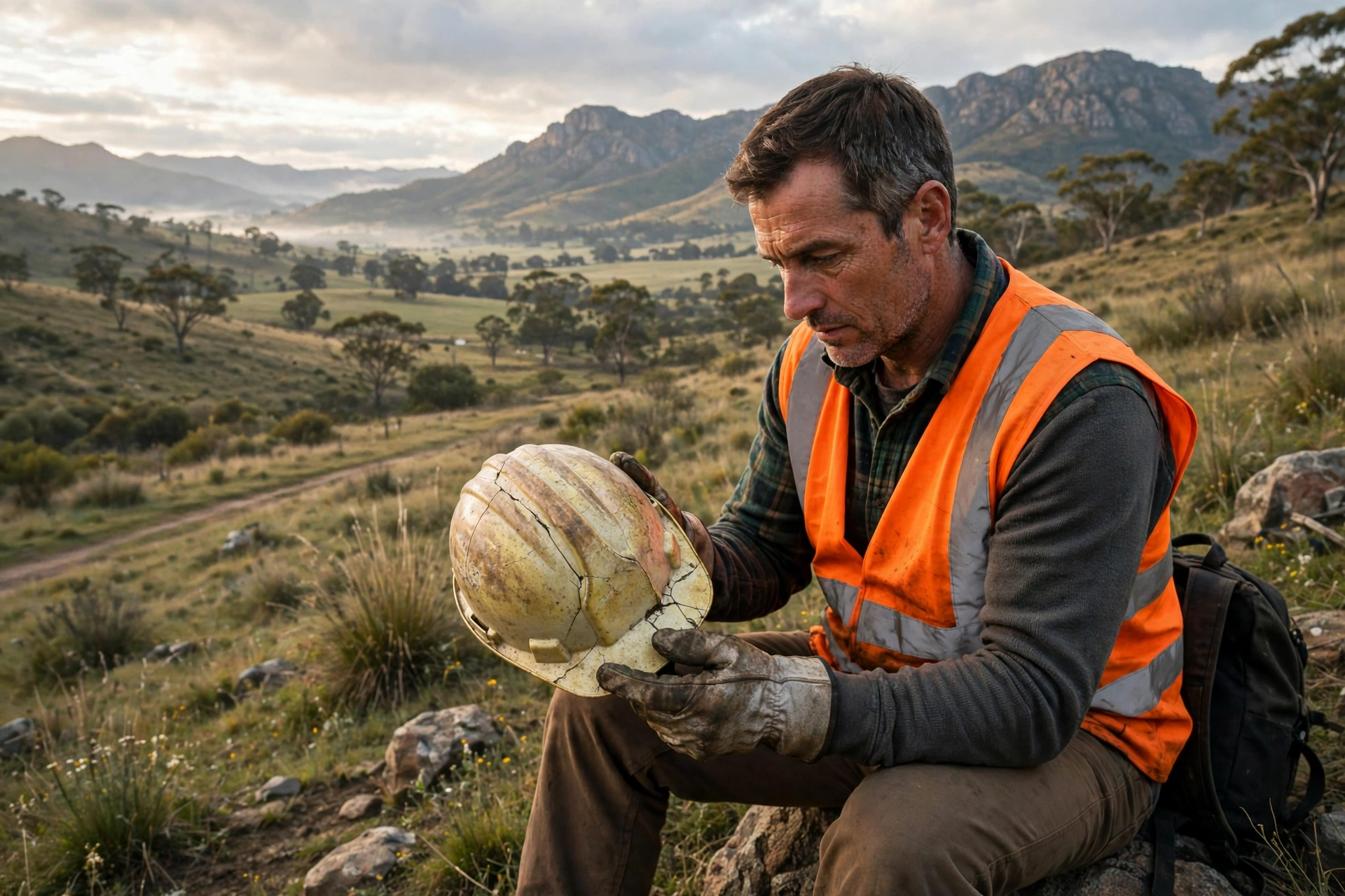 Worker checking an ageing hard hat for cracks and sun damage