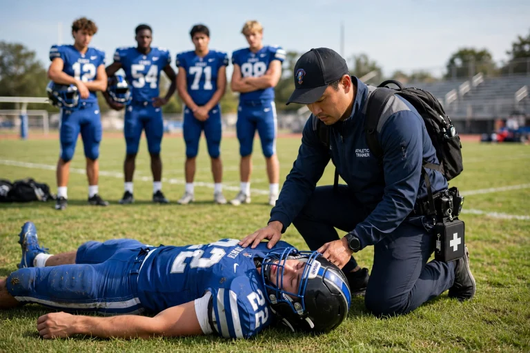 Injured football player being kept still by an athletic trainer