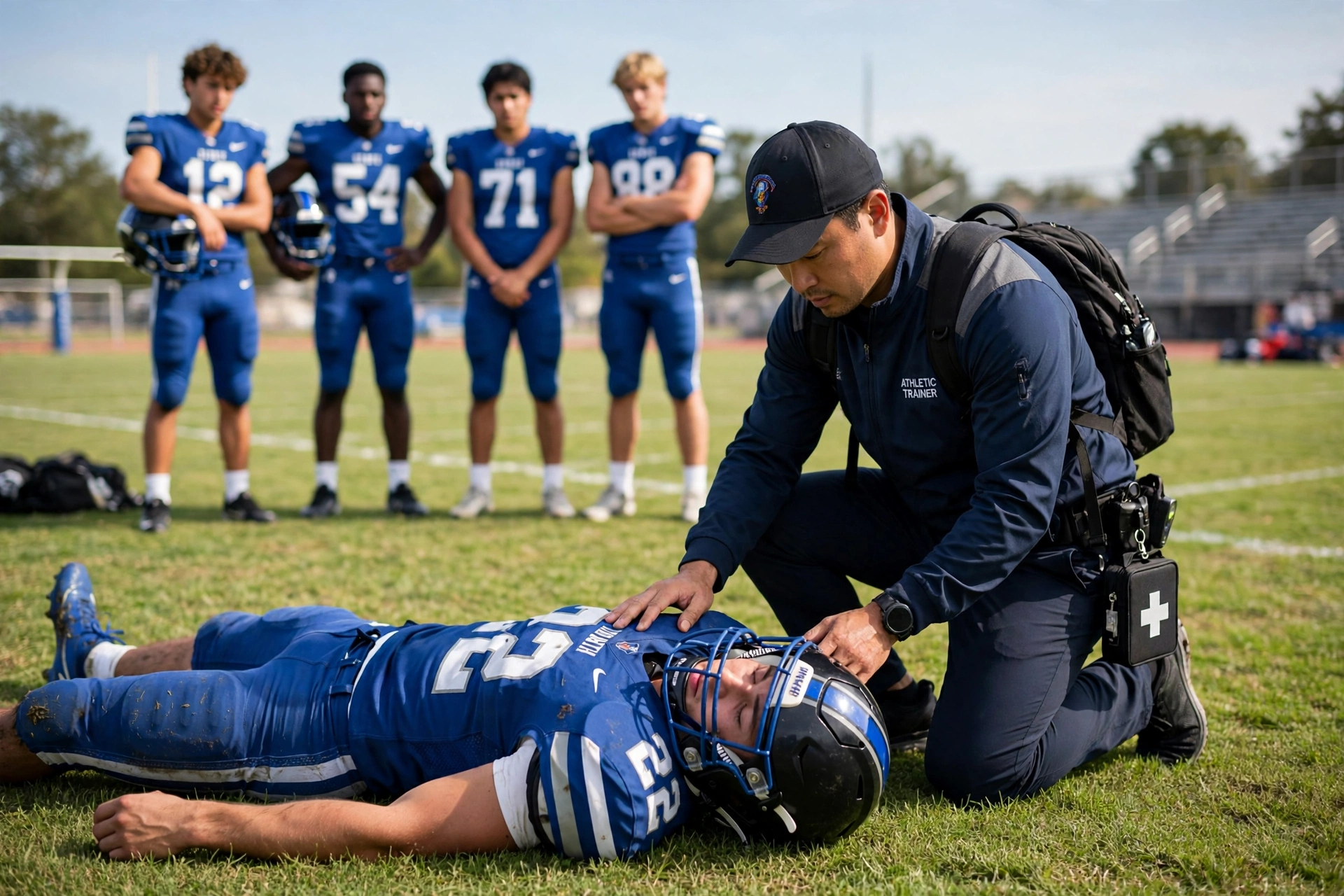 Injured football player being kept still by an athletic trainer