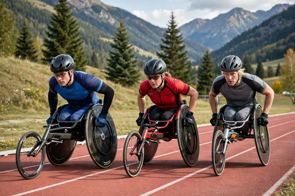Wheelchair athletes competing in track racing wearing helmets