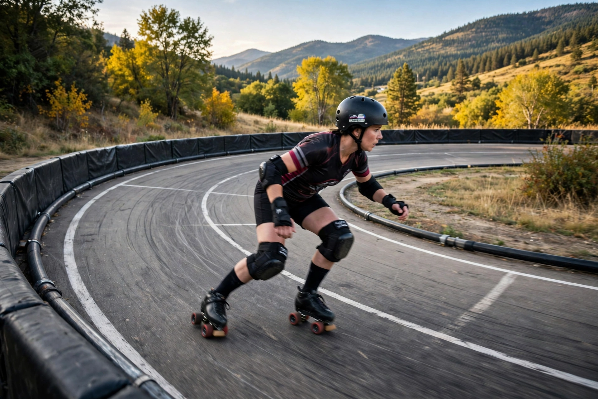 Roller derby skater in a dual-certified helmet racing around the track