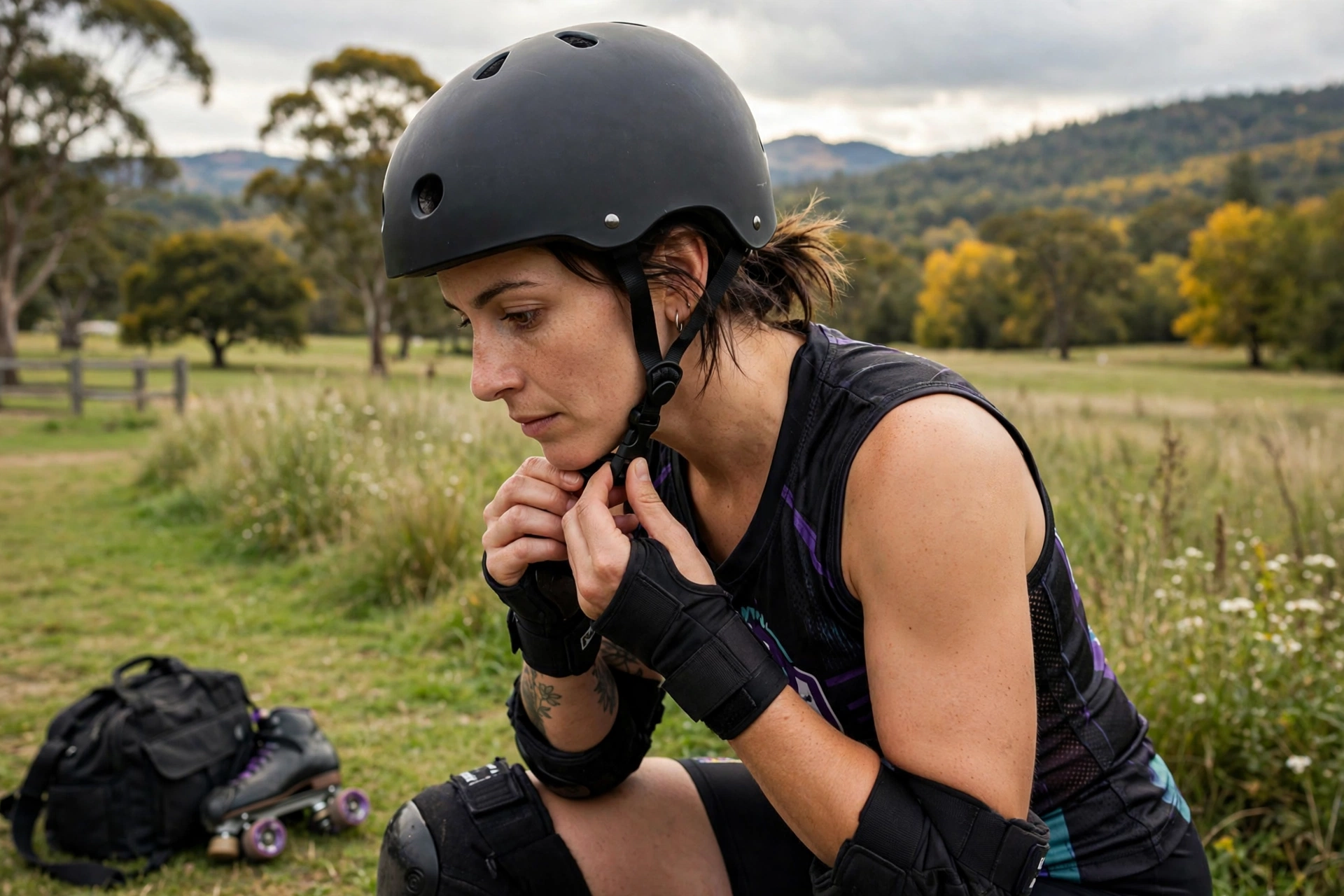 Roller derby player tightening a helmet chin strap before a bout
