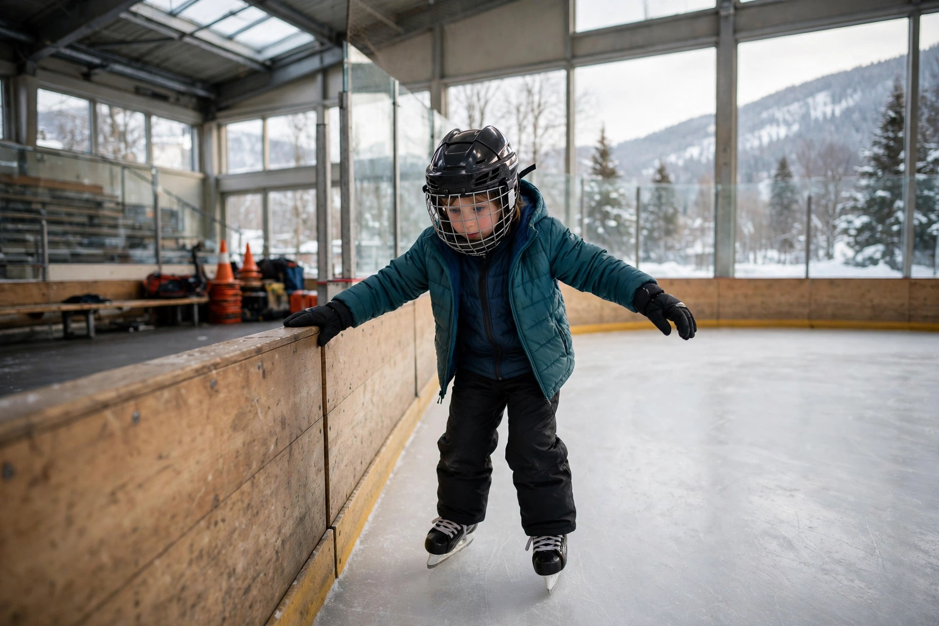 Child learning to ice skate wearing a hockey helmet at an indoor rink