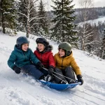 Kids in ski helmets riding a sled together on a snowy hill