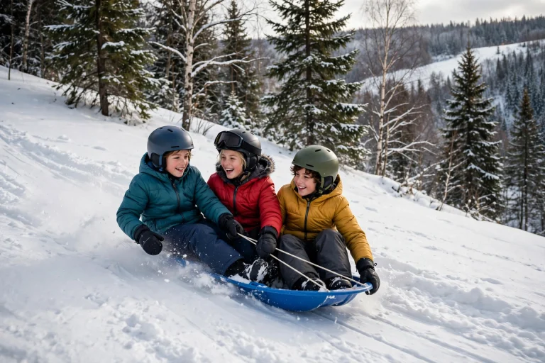 Kids in ski helmets riding a sled together on a snowy hill