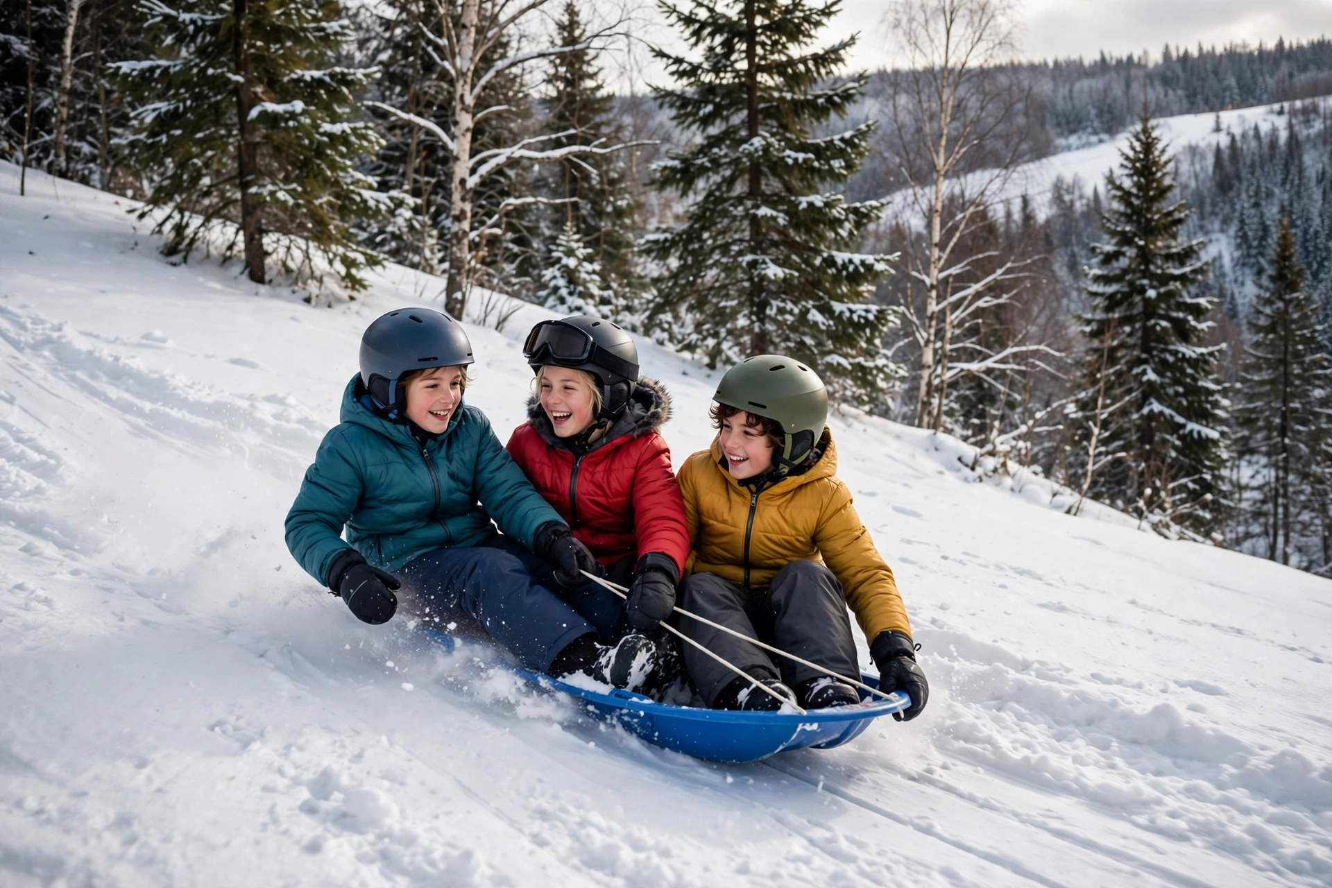 Kids in ski helmets riding a sled together on a snowy hill