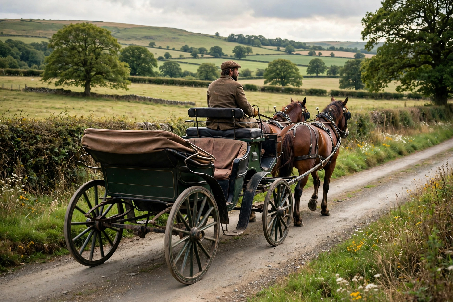 Horse-drawn carriage traveling down a rural road with the driver on the box seat