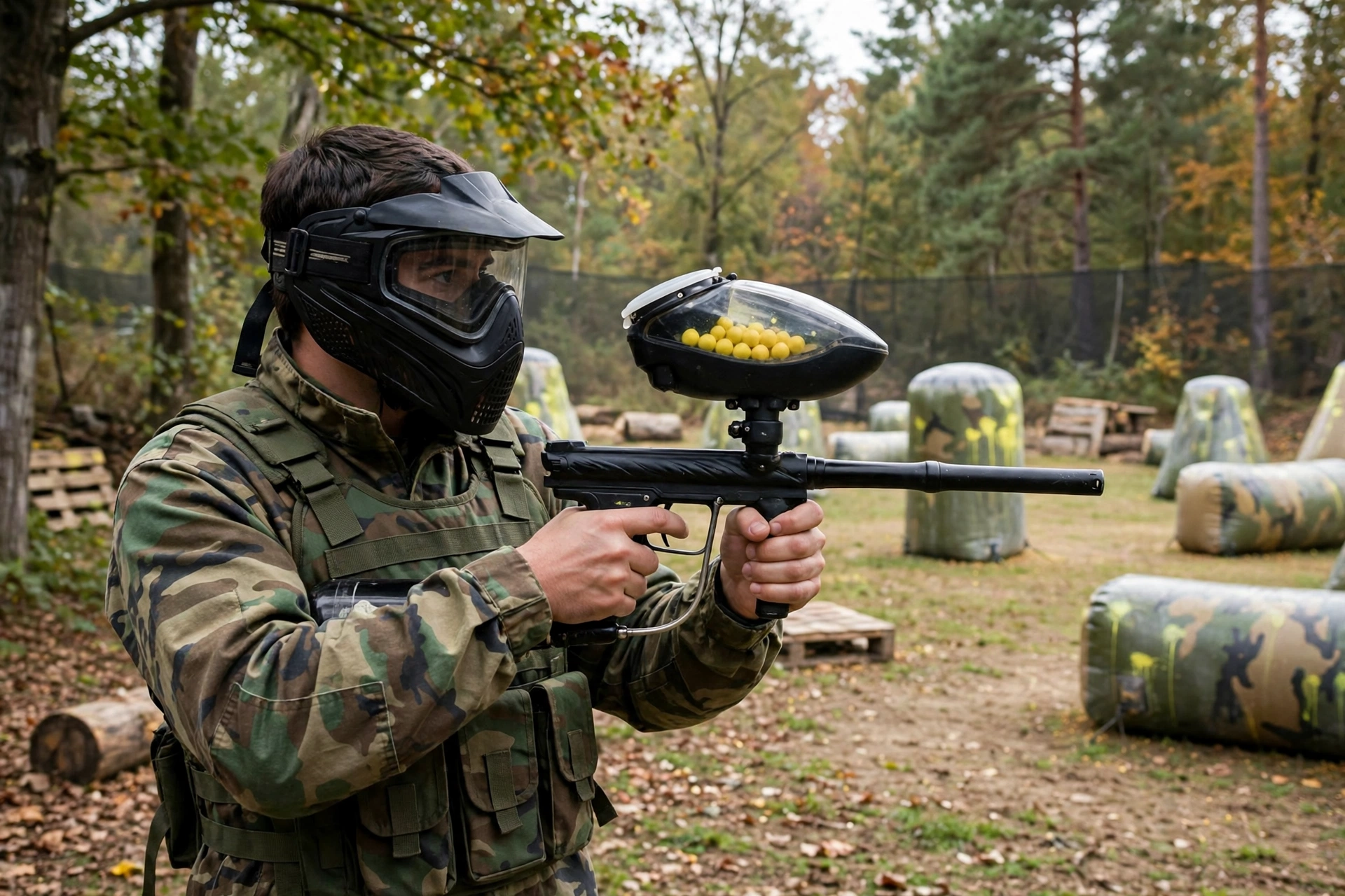 Paintball player in a certified mask holding a marker at an outdoor field