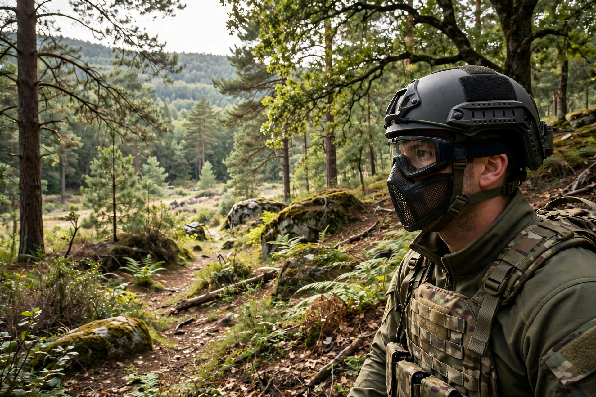 Airsoft player wearing a helmet with goggles and mesh lower face mask