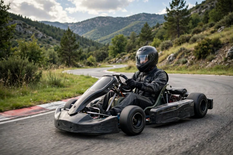 Go-kart driver on track wearing a full-face racing helmet
