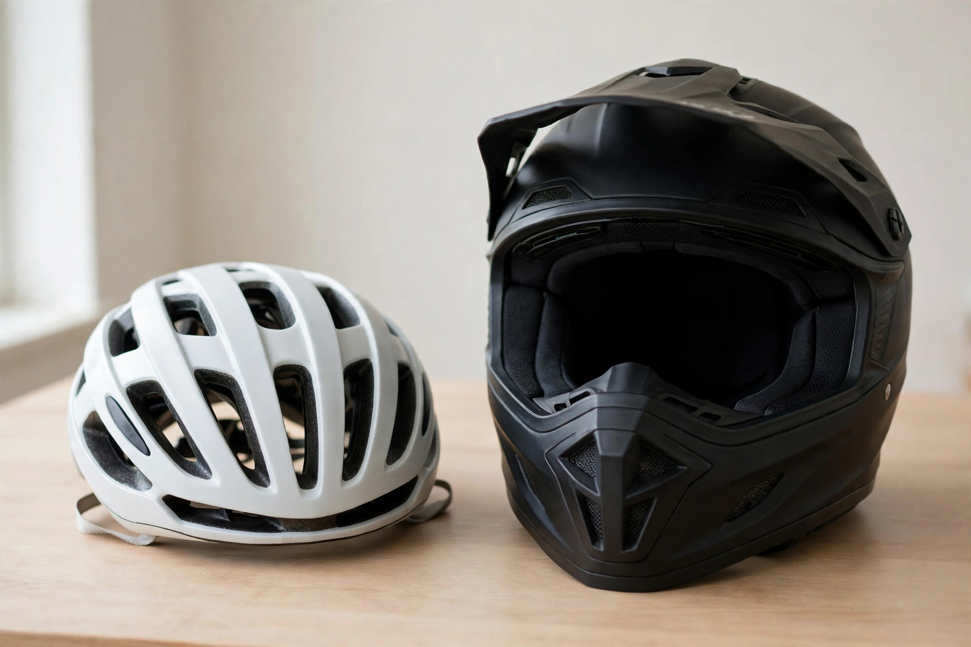 Bike helmet and motorcycle helmet side by side showing size and coverage difference