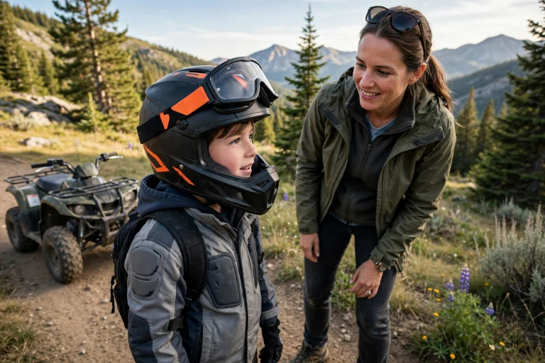 Child wearing a youth ATV helmet and goggles ready to ride