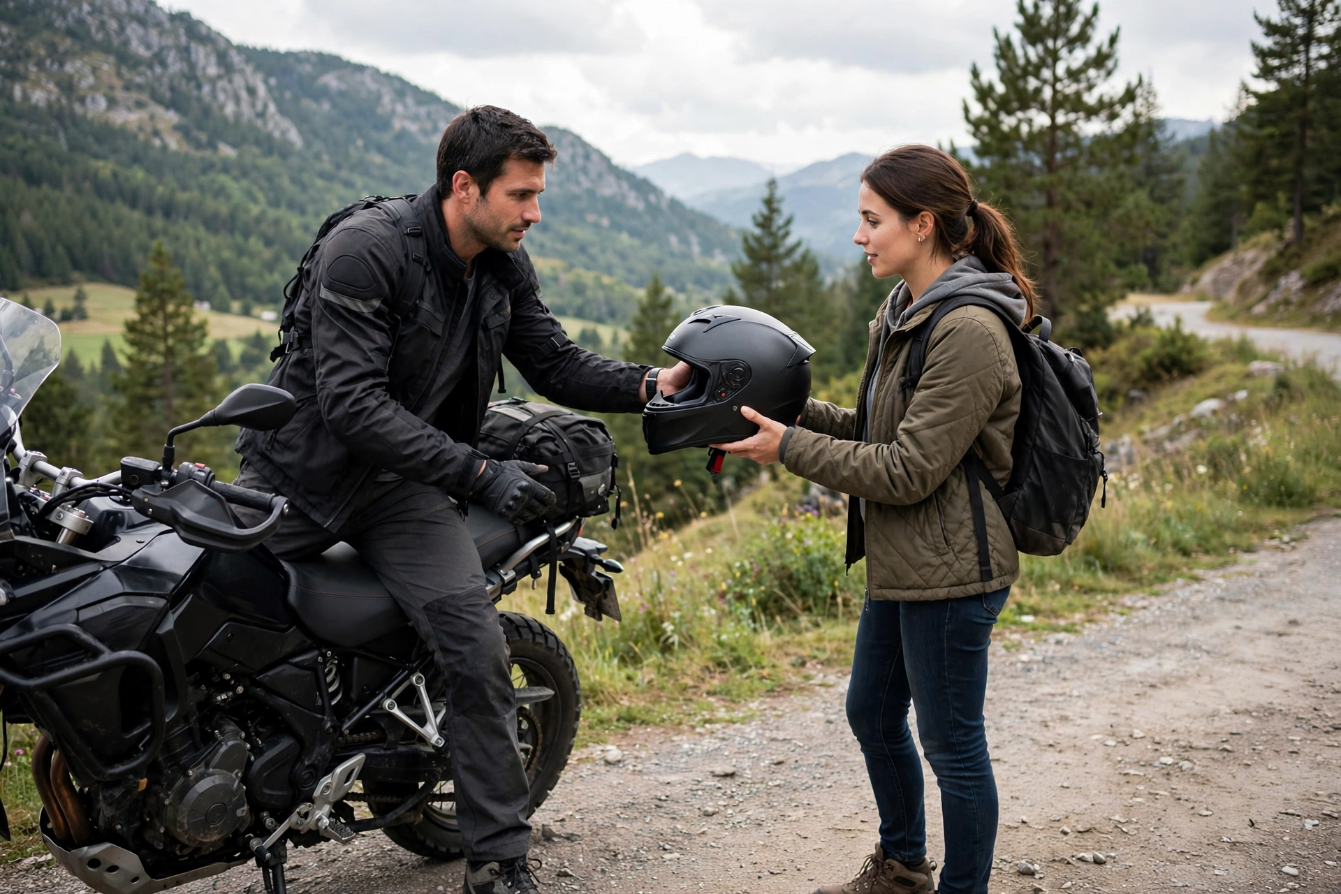 Rider handing a spare full-face helmet to a passenger before a motorcycle ride