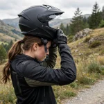Rider with a low ponytail pulling on a motorcycle helmet