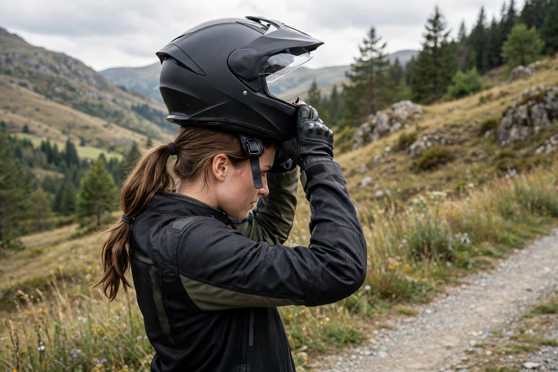 Rider with a low ponytail pulling on a motorcycle helmet