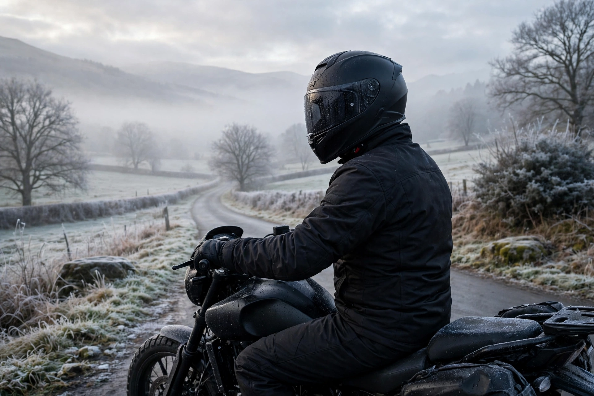 Rider wearing a sealed winter motorcycle helmet on a cold morning road