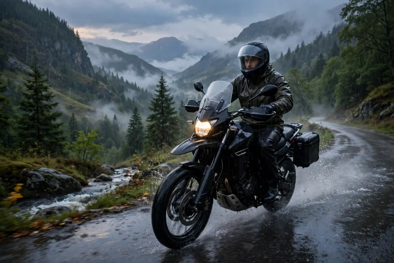 Motorcyclist riding in the rain with a clear helmet visor at dusk