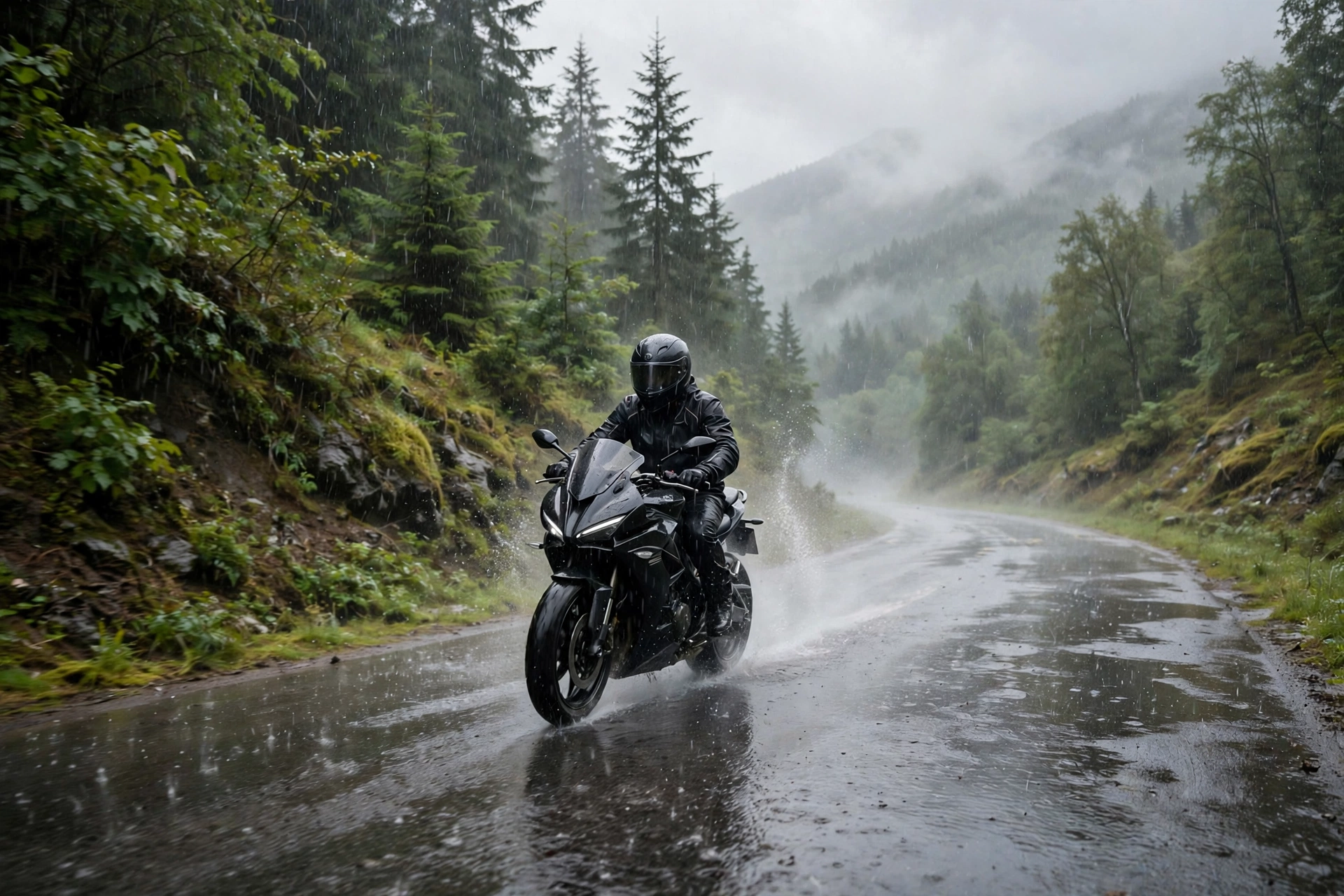Motorcycle rider in a full-face helmet riding through rain on a wet road