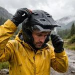Rider adjusting a motorcycle helmet visor and vents in wet weather gear