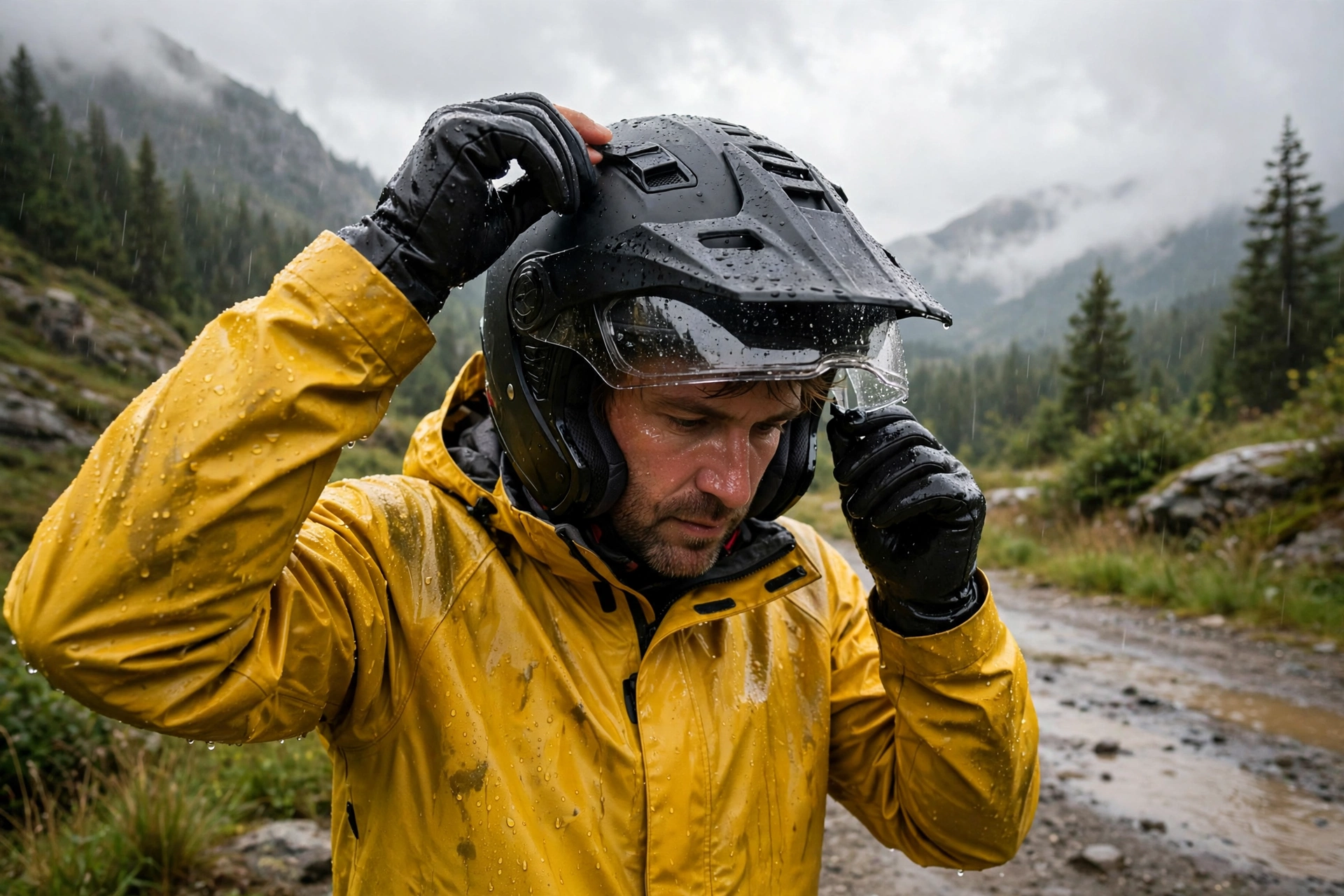 Rider adjusting a motorcycle helmet visor and vents in wet weather gear