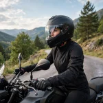 Woman motorcyclist wearing a well-fitted full-face helmet on the road