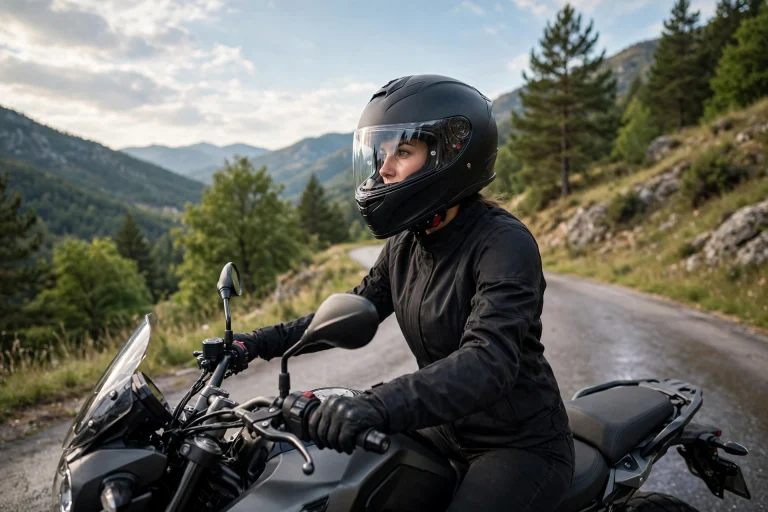 Woman motorcyclist wearing a well-fitted full-face helmet on the road