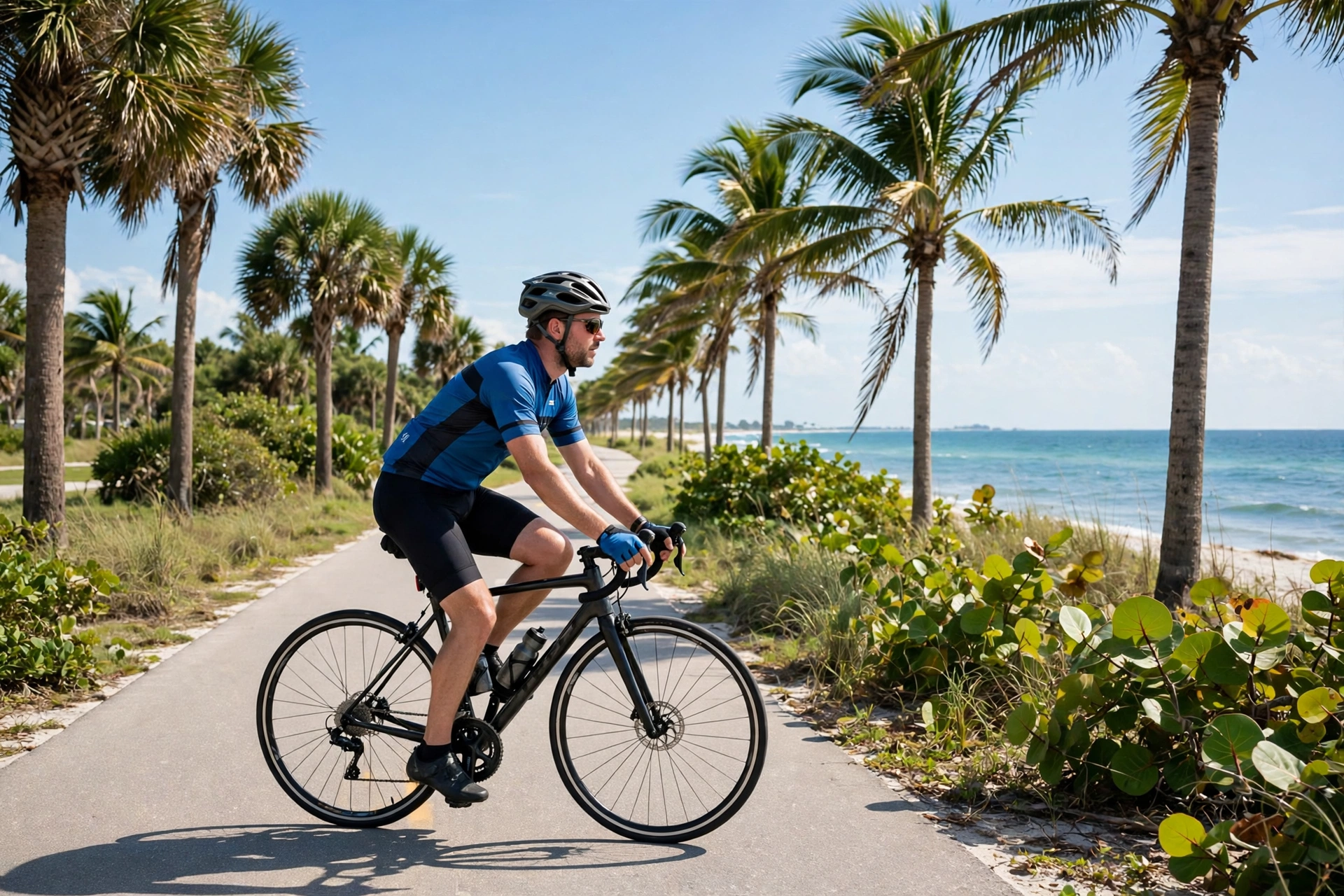 Adult cyclist wearing a helmet on a Florida coastal bike path