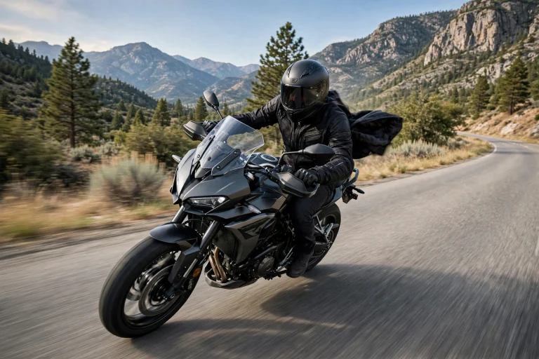 Motorcyclist riding at highway speed with wind pressing on the helmet