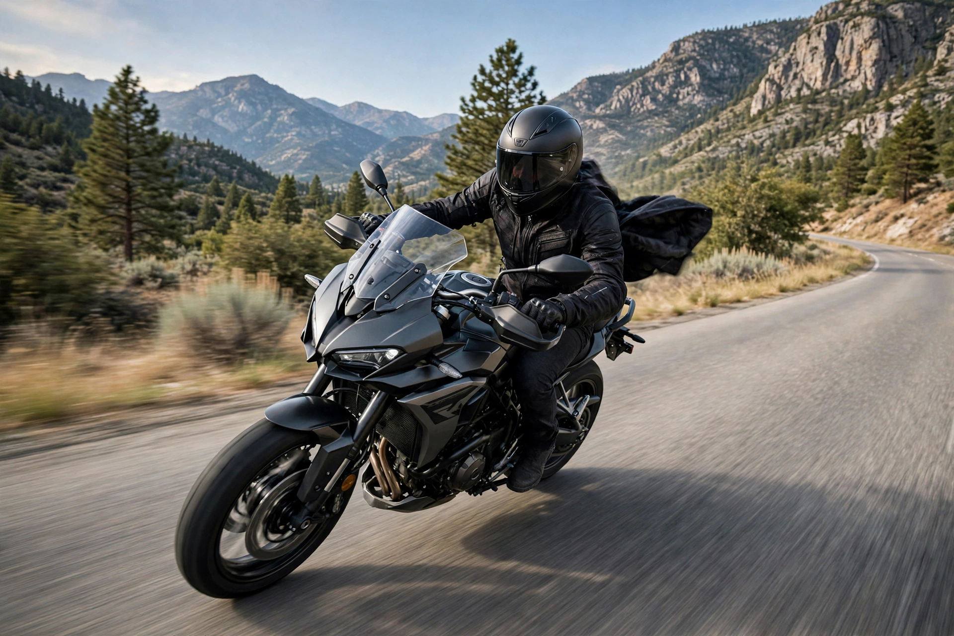 Motorcyclist riding at highway speed with wind pressing on the helmet