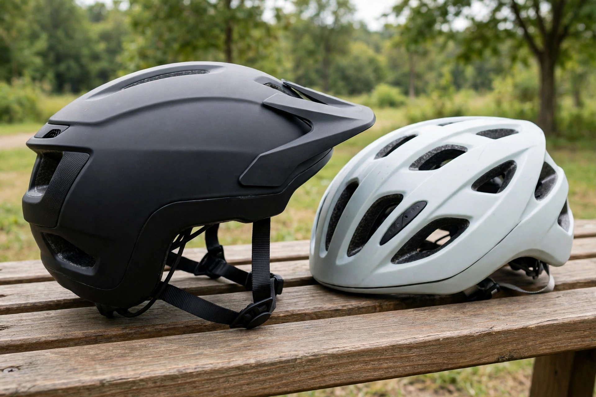 E-bike helmet next to a regular bike helmet showing the difference
