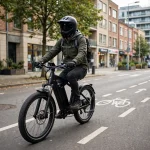 Rider wearing a full-face helmet on an electric bike on a city street