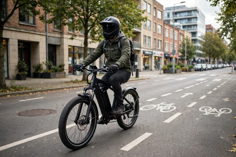 Rider wearing a full-face helmet on an electric bike on a city street