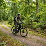 E-bike rider wearing a helmet on a North Carolina greenway trail