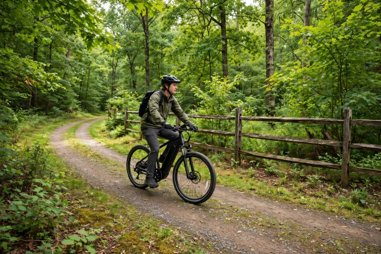 E-bike rider wearing a helmet on a North Carolina greenway trail