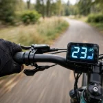 Electric bike speedometer showing class 3 speed on a bike path