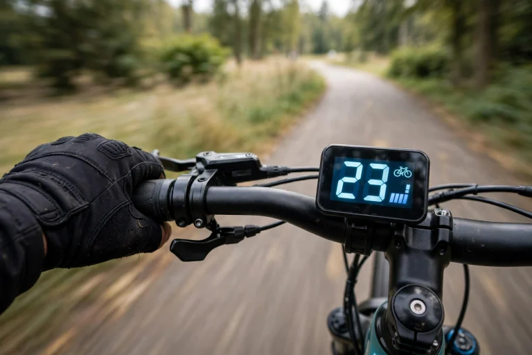 Electric bike speedometer showing class 3 speed on a bike path