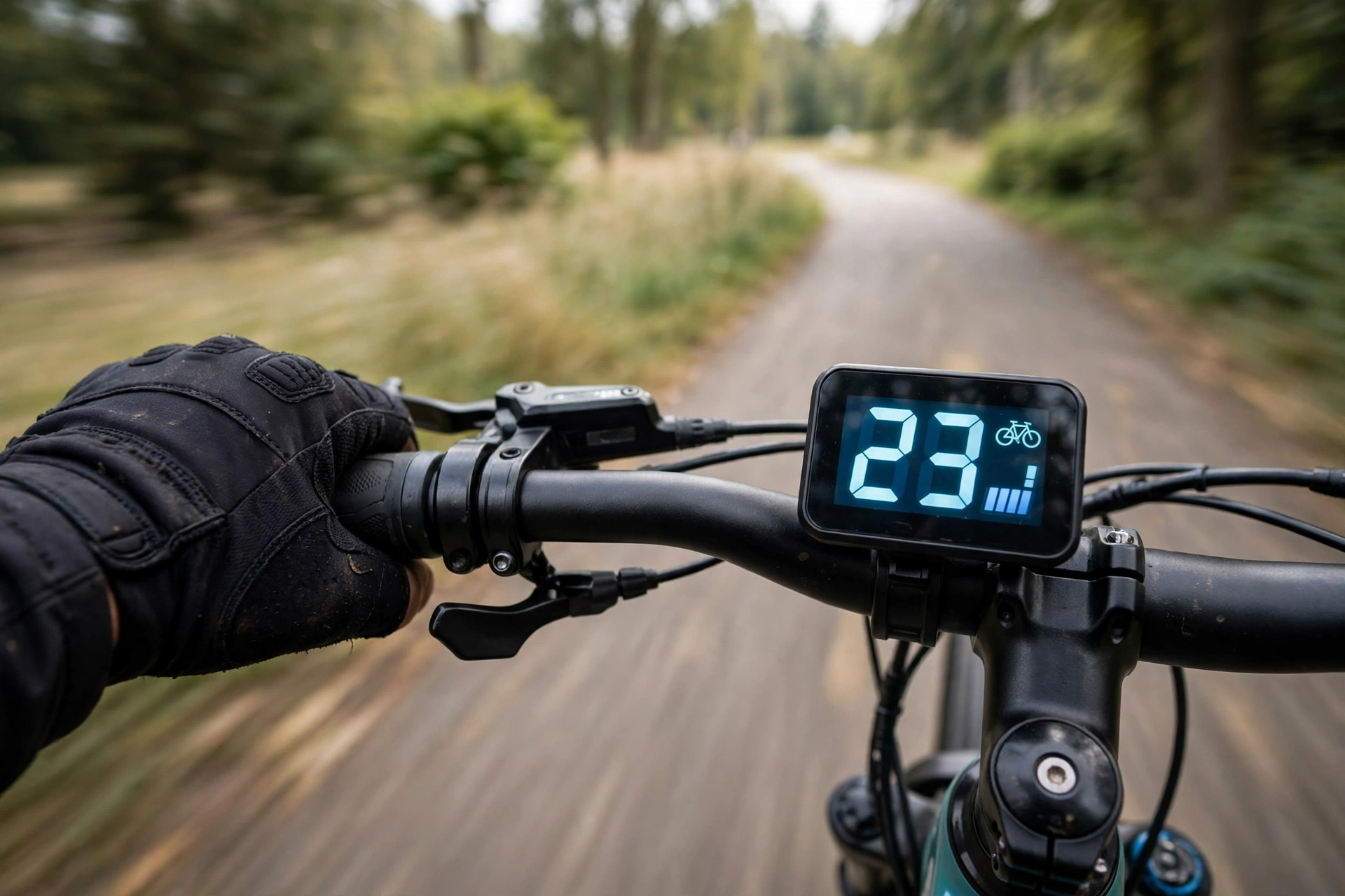 Electric bike speedometer showing class 3 speed on a bike path