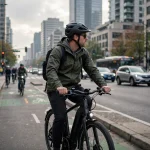 Commuter wearing an e-bike helmet riding through a city bike lane
