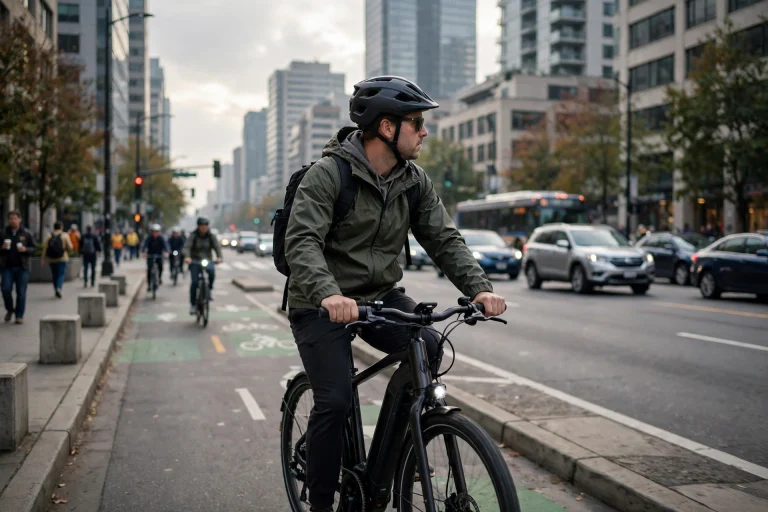 Commuter wearing an e-bike helmet riding through a city bike lane