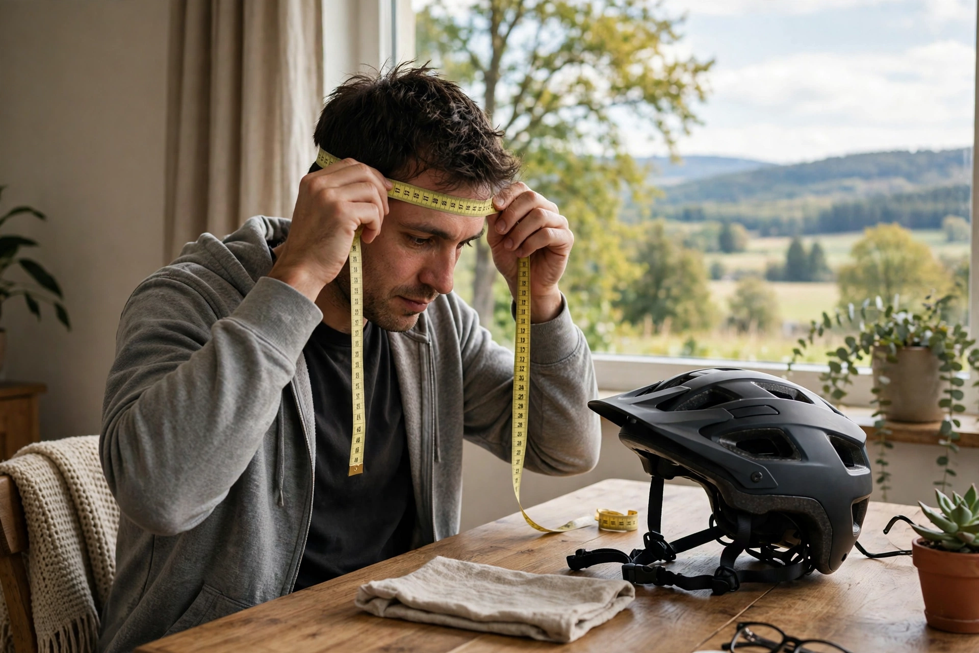 Person measuring their head with a tape to choose an e-bike helmet size