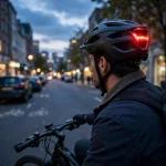 E-bike helmet with a built-in rear light glowing at dusk