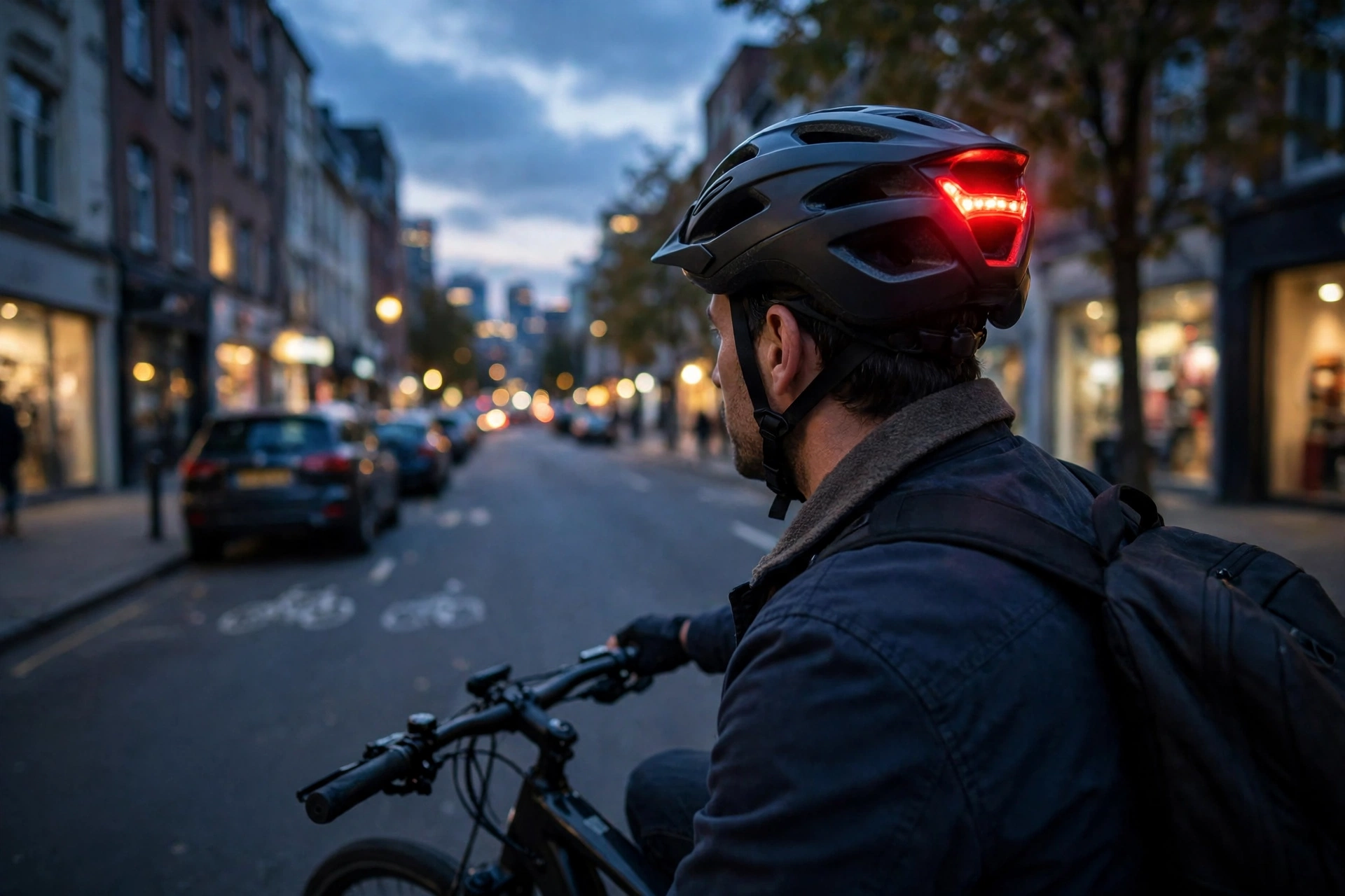 E-bike helmet with a built-in rear light glowing at dusk
