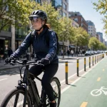 Cyclist wearing an e-bike helmet with a clear visor down