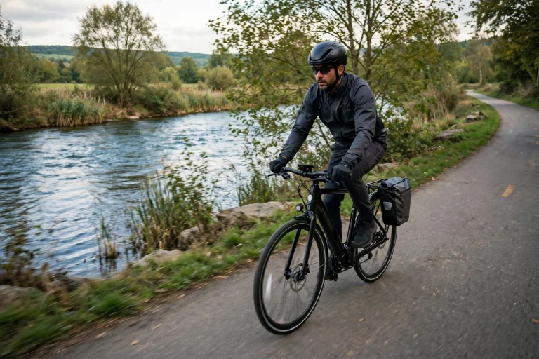 Speed pedelec rider wearing a certified helmet on a fast commuter route