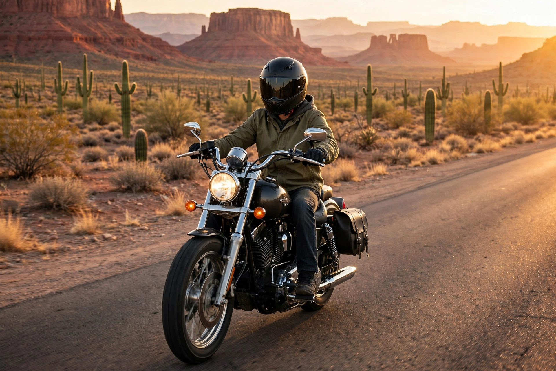 Teen motorcycle rider wearing a helmet on an Arizona desert road