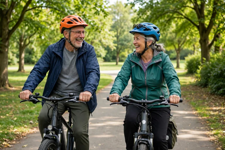 Senior couple wearing helmets riding e-bikes on a park path