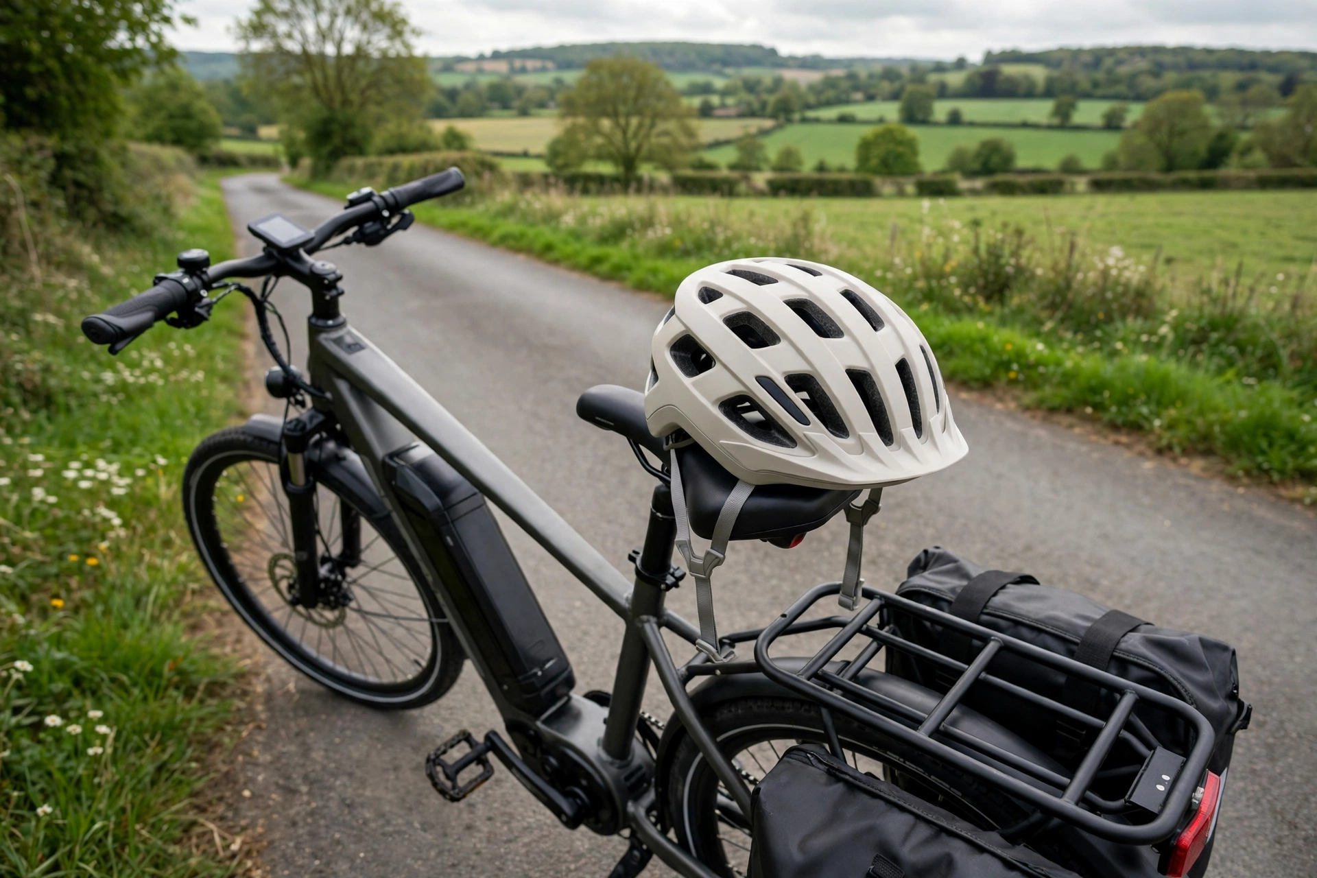 Featherlight e-bike helmet beside a touring e-bike on a country road