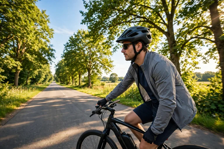 Rider wearing a well-vented e-bike helmet on a sunny summer ride